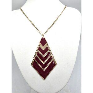 Gold-Tone Chevron Pendant Necklace With Red Enamel Accents On Chain For Women